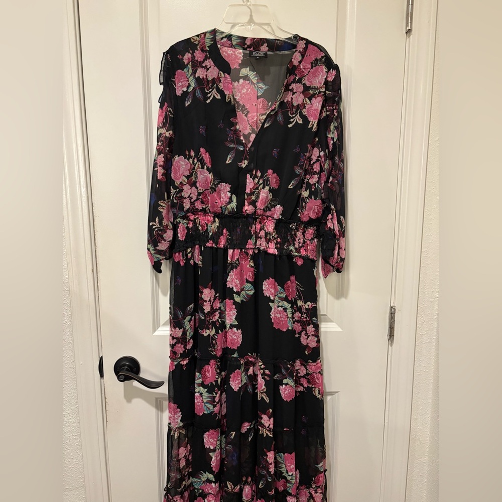 Floral Maxi Dress - Black and Pink, 3/4 length sleeves - Picture 2 of 8